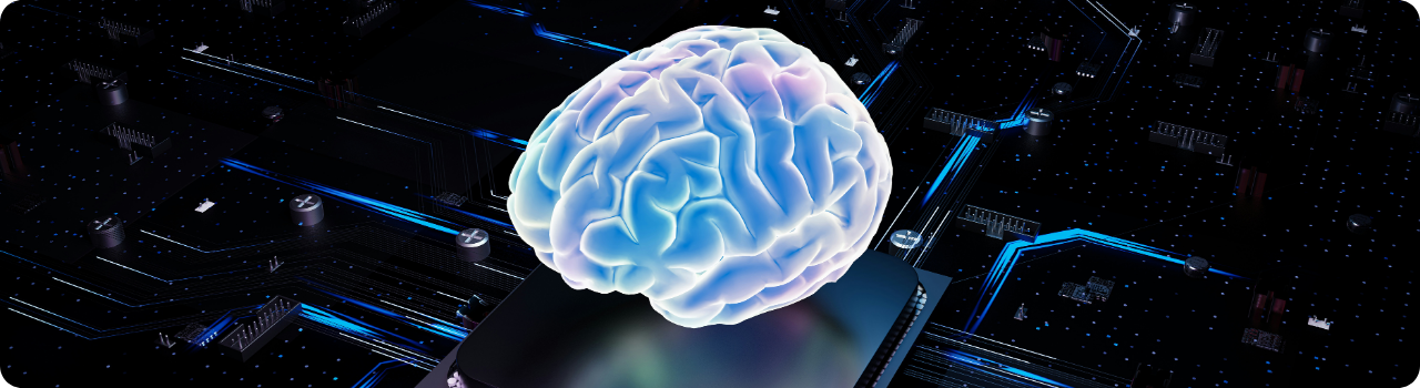 A luminous brain rendered above a processor on a circuit board, illustrating AI inference chips