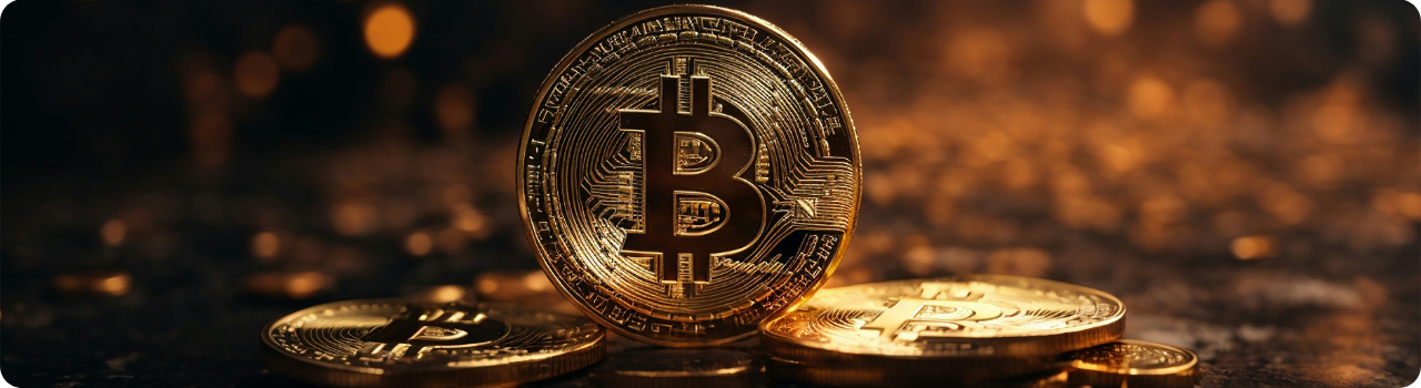 Gold physical bitcoin coins stacked on a dark surface, lit by warm amber bokeh.