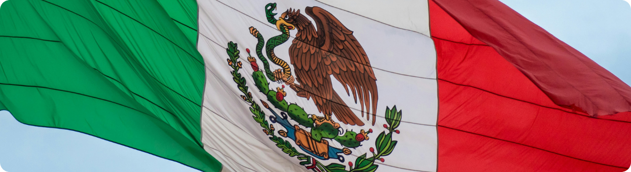 The flag of Mexico waving against a pale blue sky, with the eagle and serpent coat of arms on the central white band.