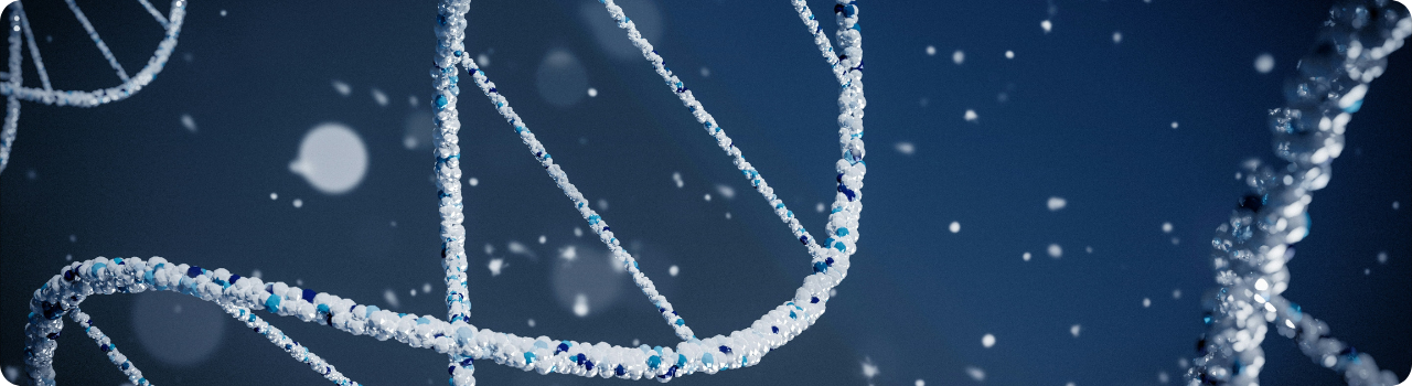 A 3D rendering of DNA double helix strands in white and blue against a dark blue background.